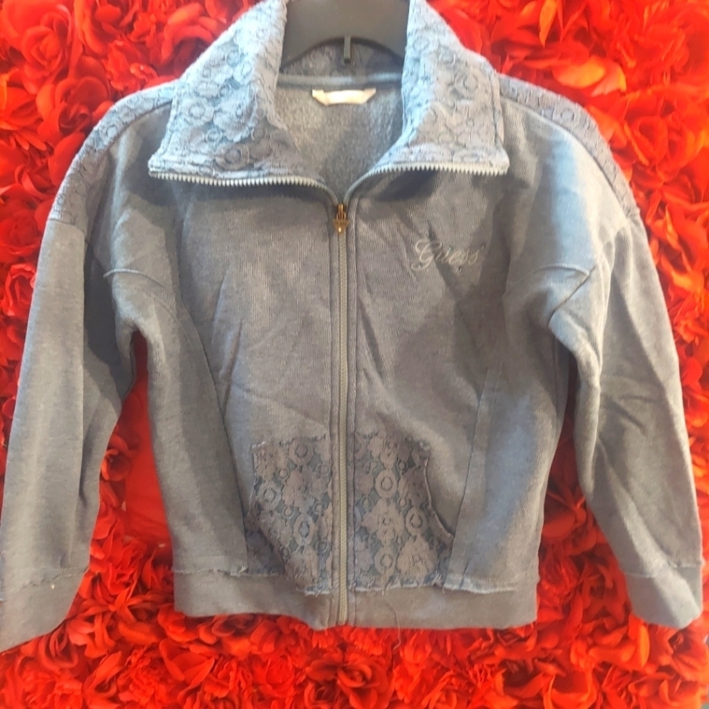 Guess Girls Medium Zip Up Sweat Jacket with lace collar & Pockets